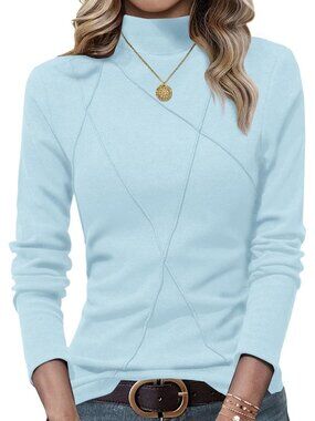 Women's Mint Blue Mock Turtleneck Long Sleeve Stitching Layering Fit Tunic Top